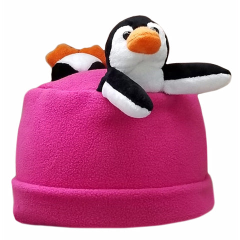 Penguin Patty on Fuchsia Fleece Buddy Hat