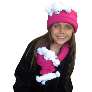 White Poodle on Fuchsia Fleece Buddy Hat & Scarf