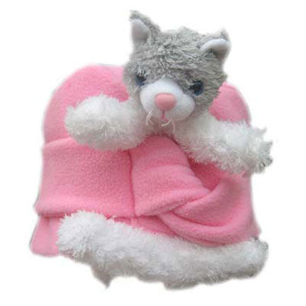 Grey & White Cat on Pink Fleece Tied Style Buddy Hat
