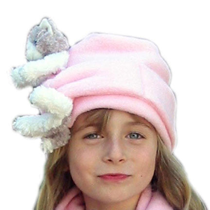 Grey & White Cat on Pink Fleece Tied Style Buddy Hat