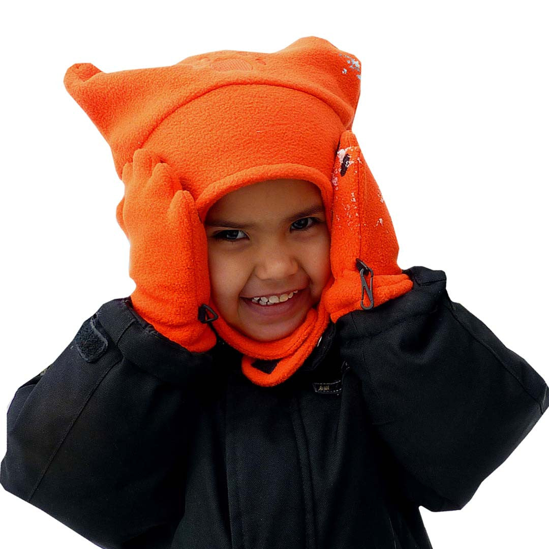 Infant Toddler Orange Fleece Chinstrap Hat Mittens BearHands