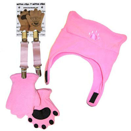 Infant & Toddler Pink Fleece Chinstrap Hat, Mittens & Mitten Clips