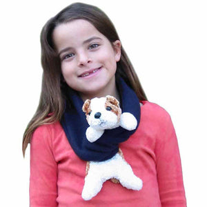 Tan & White Dog on Navy Fleece Buddy Scarf